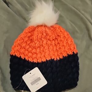 Fabletics Pink and Navy Knit Beanie with White Pom